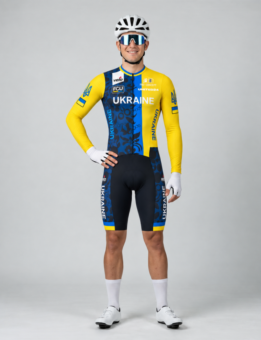 Велокомбінезон чоловічий з довгим рукавом та памперсом Veloplus Ukraine Team