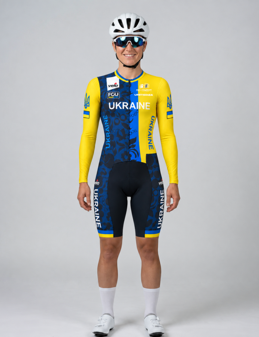 Велокомбінезон жіночий з довгим рукавом та памперсом Veloplus Ukraine Team