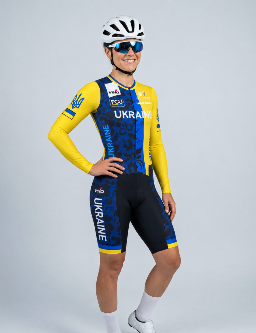 Велокомбінезон жіночий з довгим рукавом та памперсом Veloplus Ukraine Team
